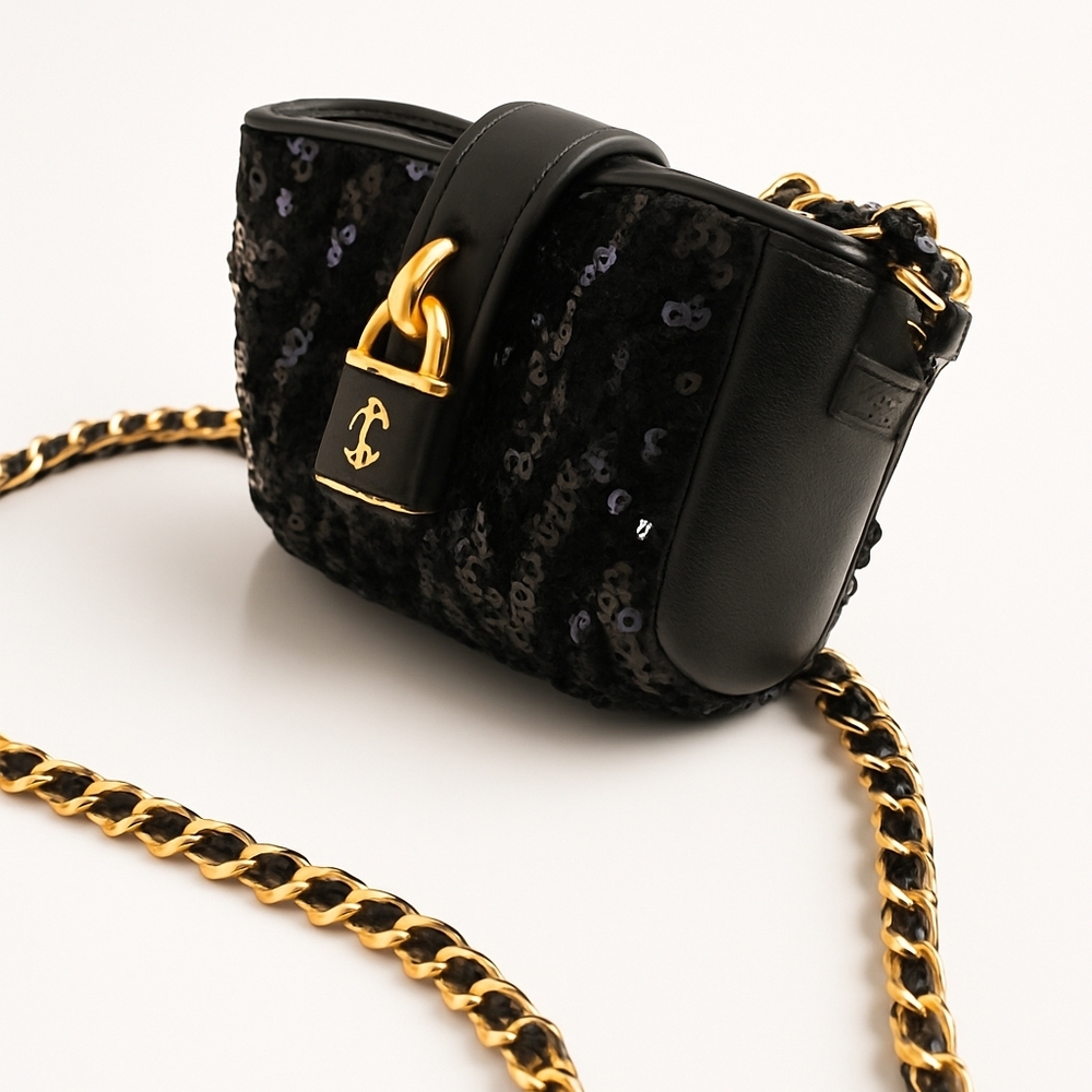 Juicy Couture Black Sequin Micro Crossbody Bag w/ Gold Chain & Lock Charm